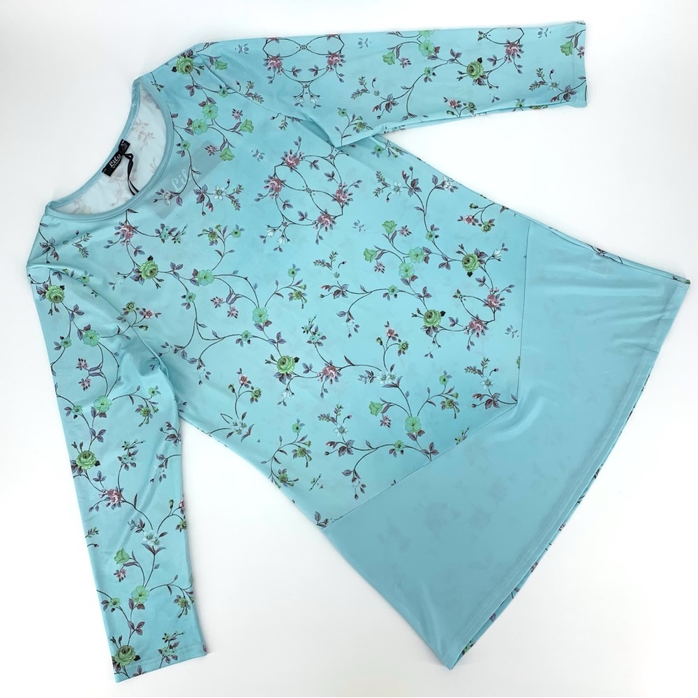 Lily by Firmiana NWT Baby Blue Floral Print 3/4 Sleeve Tunic Top, Medium